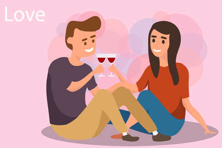 Romantic illustration of a seated man and woman. A man and a woman are sitting and drinking wine. Vector illustration.のイラスト素材