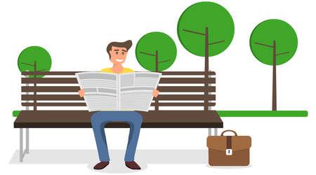 A man reading a newspaper on a bench in the park. A man sits on a bench and reads a newspaper. Vector illustration of a man with a newspaper.のイラスト素材