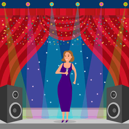 The singer sings on stage. A woman sings a song on stage. Vector illustration.のイラスト素材