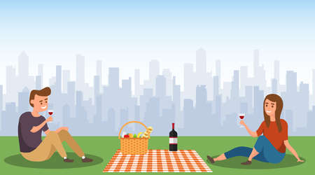 A man and a woman are sitting on a picnic. A man with a woman at a picnic are drinking wine against the background of the cityscape. Vector illustration.のイラスト素材