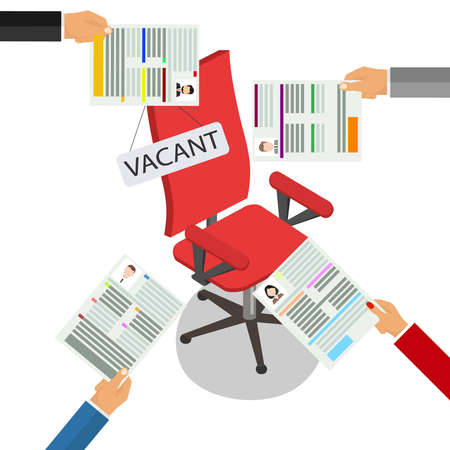 Hands hold resume empty work place. Vacant workplace. Recruitment for a vacant job. Vector illustration.のイラスト素材