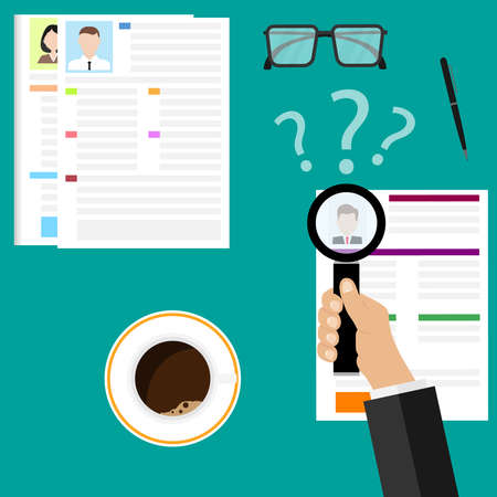 View Resume with magnifying glass. Flat illustration of the search of a candidate. A concept of the job interview with business resume. Looking at resume and picking the best candidate.のイラスト素材