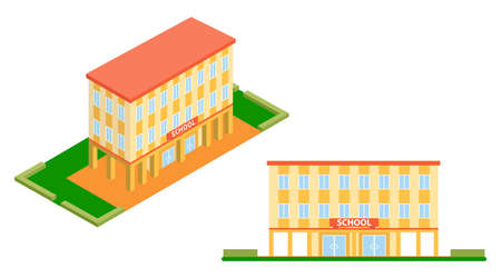 School building in flat design and in isometry. Realistic school in 3D design. Cartoon school illustration isolated on white.のイラスト素材