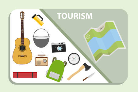 Tourism banner with map and travel accessories. Tourist set. Vector illustration of tourism concept.のイラスト素材