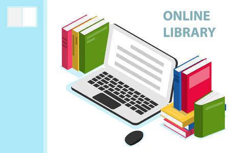 Online library isometric concept. Online library isometric design with books. Technology and literature, digital culture on media library. Vector illustration.のイラスト素材