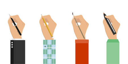 Men hands with writing tools and office supplies set. Flat illustration of human men hands with pen, pencil, highlighter and over stationery. Pencil and pen hold in hand set for writing. Vector.のイラスト素材