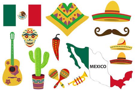 Mexican holiday day of dead set, ethnic music and dance, decorative masks. Dia de los muertos festival set icons, design element , cartoon style.のイラスト素材