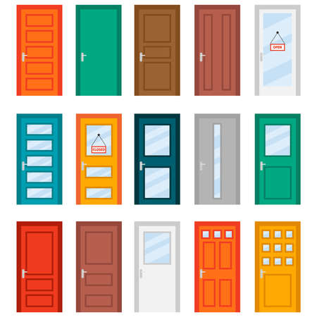 Colorful front doors to houses and buildings set in flat design style. Set of color door icons, vector illustration. Colourful realistic front doors collectionのイラスト素材