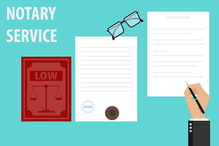 Notary service execution of documents seal and signature on papers. The notary signs the document and stamps. Vector illustration of notary services.のイラスト素材