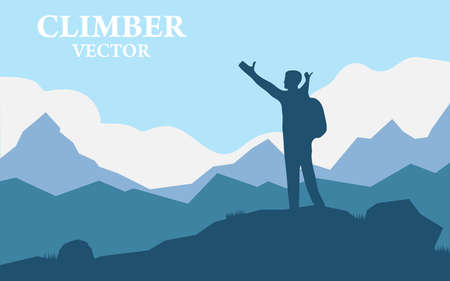 Traveler Man Silhouette Stand Top Mountain Rock Peak Climber. Vector illustration of a mountain landscape with realistic silhouette of one mountain climber.のイラスト素材