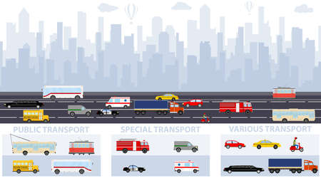 City traffic background with transport vehicles. City infographics design elements set with buildings, road, transport, people icons set. Transportation infographic.のイラスト素材