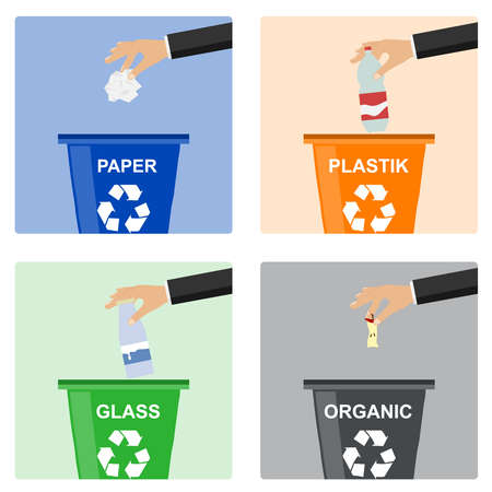 Man hand throws garbage into a plastic container. Hand of man throwing garbage into organic...