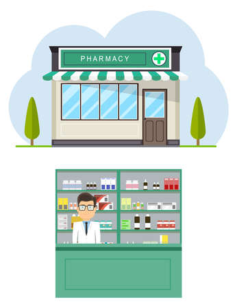 Facade of pharmacy store in urban space. Modern interior pharmacy or drugstore with male pharmacist at the counter. Medicine pills capsules bottles vitamins and tablets.のイラスト素材
