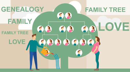 Family tree in modern flat illustration. A man is watering a family tree with photos of relatives, and a pregnant wife is standing nearby. Human genealogical heritage collection from one family.のイラスト素材