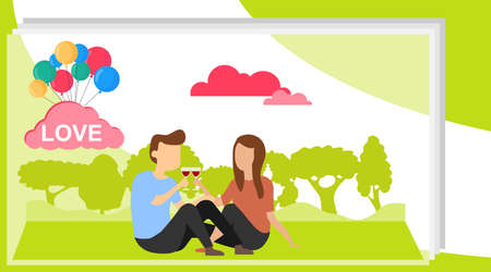 A loving couple is sitting on a background of green nature. A man and a woman are sitting on the grass and drinking wine from their glasses. Web banner of love relationship concept.のイラスト素材