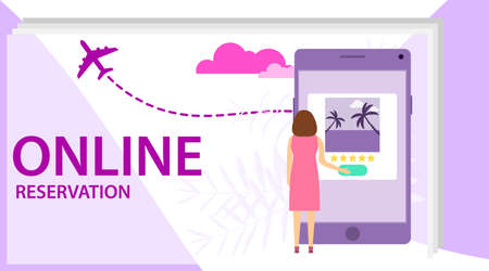 Booking hotel online concept. Smartphone with hand touching book button on screen. Online booking design concept for mobile phone. Online booking phone application concept.のイラスト素材