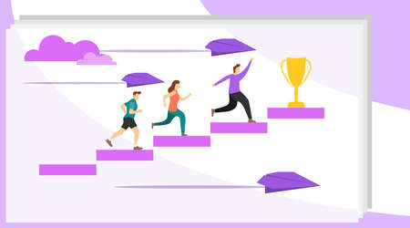 The path to the goal. People run up the stairs to their goal. Motivation to move to the goal. Vector illustration of success motivation, vector.のイラスト素材