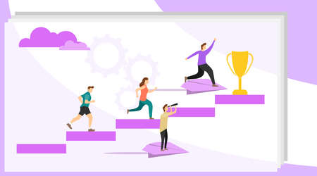 People go to their goal. Vector illustration, a man seeks up on a paper plane, achieving a goal. People fly to their goal on paper airplanes. Vector.のイラスト素材