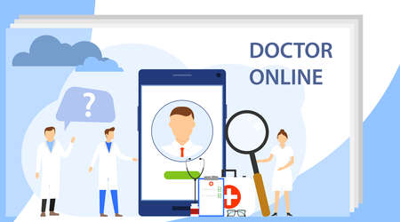 Doctor online, online patient calls the doctor via smartphone. Vector illustration of online medicine.のイラスト素材