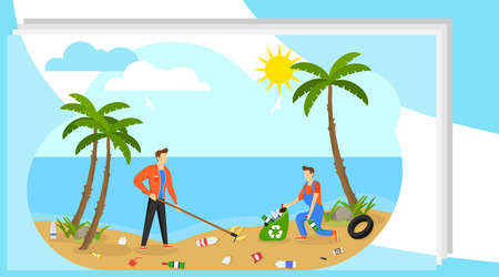 Garbage and trash, danger for ecology. A group of people collects trash on the ocean. Turtle...
