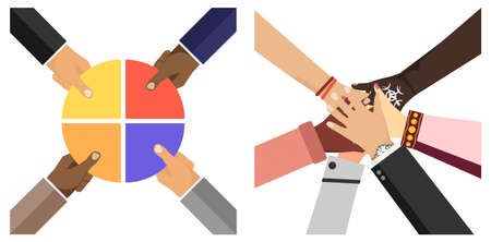 Partnership, interaction, teamwork, cooperation. Businessmen shake hands with each other. Tied hands. Hands smoothing the puzzle. Vector illustration of partnership concept in flat style.のイラスト素材