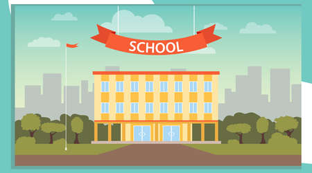School building. Cartoon facade of the school against the backdrop of the city landscape. Elementary School. Vector illustration, vector.のイラスト素材