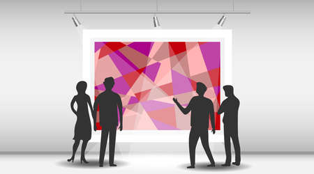 A group of people are watching a picture in an art gallery. Silhouettes of people look at an abstract painting in a museum. Vector cartoon illustration in flat design.のイラスト素材
