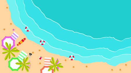 View of the beach and the sea with beach umbrellas, palm trees, a surfboard, flippers and a beach towel. Vector, cartoon illustration of a sea landscape.のイラスト素材