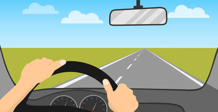 The driver is driving a car. The driver rides on the road. Vehicle interior. Cartoon illustration of a car driving concept. Vector.のイラスト素材
