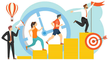 Path to goal, goal achievement, motivation for success. People run up the arrow to the goal. Vector illustration of motivation. Vector.のイラスト素材