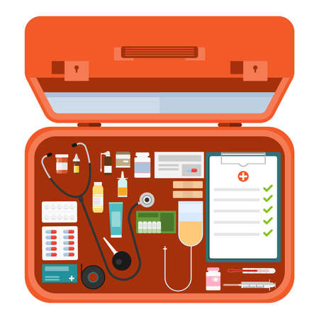 Doctor's suitcase with medicines. Medical suitcase with medicines. Vector illustration of a doctor's suitcase. Vector.のイラスト素材