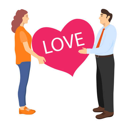 Man and woman hold a heart in their hands. Love poster for Valentine's Day. Mutual love. Vector illustration. Vector.のイラスト素材