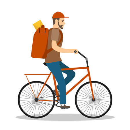Pochtalen cycling. The postman carries mail on a bicycle. Vector illustration of a postman Isolated on a white background. Vector.のイラスト素材