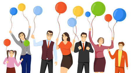 A group of people with balloons. Banner for birthday, holiday. People celebrate and have fun. Mini characters of people and children. Vector illustration. Vector.のイラスト素材