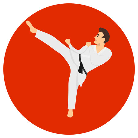 Male karate kicks. A man in a white kimono with a black belt on a red background. Vector illustration. Vector.のイラスト素材