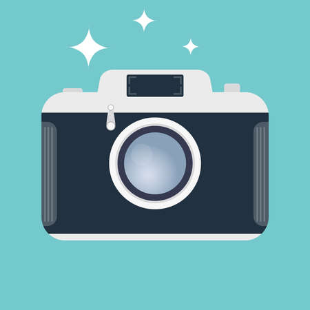 Retro camera. Icon of an old camera isolated on a green background. Vector illustration of a camera....