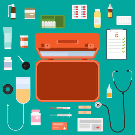 Doctor suitcase. An open doctor's suitcase with medical supplies. Vector illustration. Vector.のイラスト素材