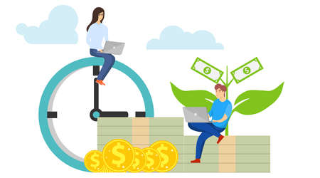 Time is money. Telework. A man and a woman work remotely on a laptop against the background of a large clock and packs of money. Vector illustration. Vector.のイラスト素材