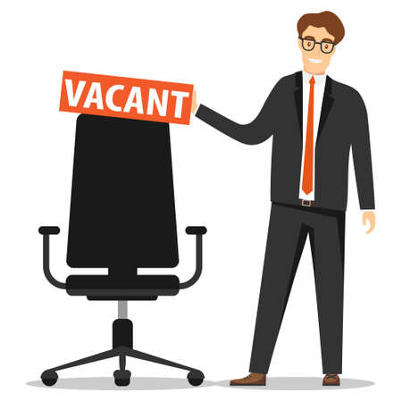 Personnel search, free space, we need you. A man in a business suit is standing near a free office chair.のイラスト素材
