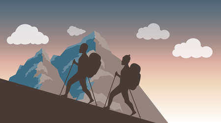 Climbing to the top. Silhouettes of two climbers climbing to the top of the mountain against the backdrop of the sunset. Vector illustration. Vector.のイラスト素材
