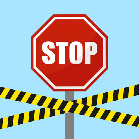 Stop sign. Stop prohibiting sign with police tapes on blue background. Vector illustration. Vector.のイラスト素材
