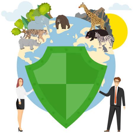 Let's protect the earth. A man and a woman are holding a shield protecting forests, mountains and animals. Vector illustration. Vector.のイラスト素材