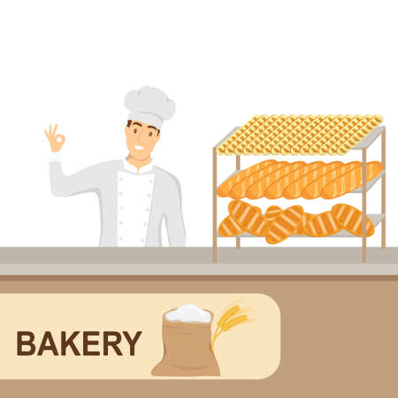 Baker with his pastries. A baker sells pastries over the counter. Vector illustration. Vector.のイラスト素材
