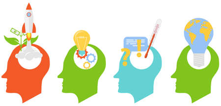 Ideas arising in the human brain. Human head with various ideas, startups and technologies. Vector illustration. Vector.のイラスト素材