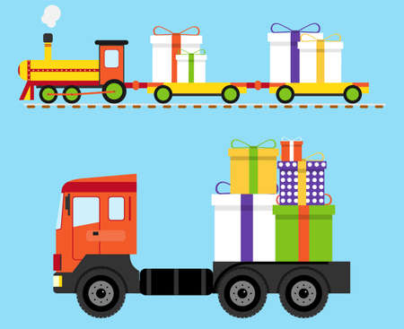 Delivery of gifts. The train and the truck are carrying gifts. Vector illustration. Vector.のイラスト素材