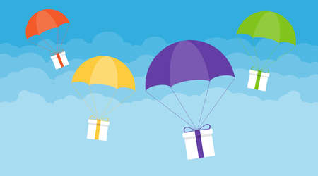 Delivery of gifts. Gifts descend on umbrellas against the sky with clouds. Vector illustration. Vector.のイラスト素材