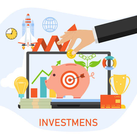 Investments, capital investment. The hand throws a coin into the piggy bank. Vector cartoon illustration. Vector.のイラスト素材