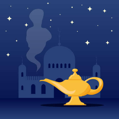 Aladdin's magic lamp. Aladdin's magic lamp icon with genie. vector illustration. Vector.のイラスト素材