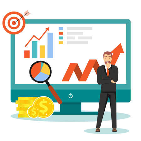 New startup, a man in a business suit is thinking about making a profit. Investments. vector illustration. Vector.のイラスト素材
