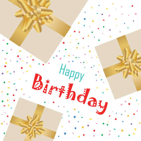 Happy birthday poster with gifts and confetti on a white background. vector illustration. Vector.のイラスト素材